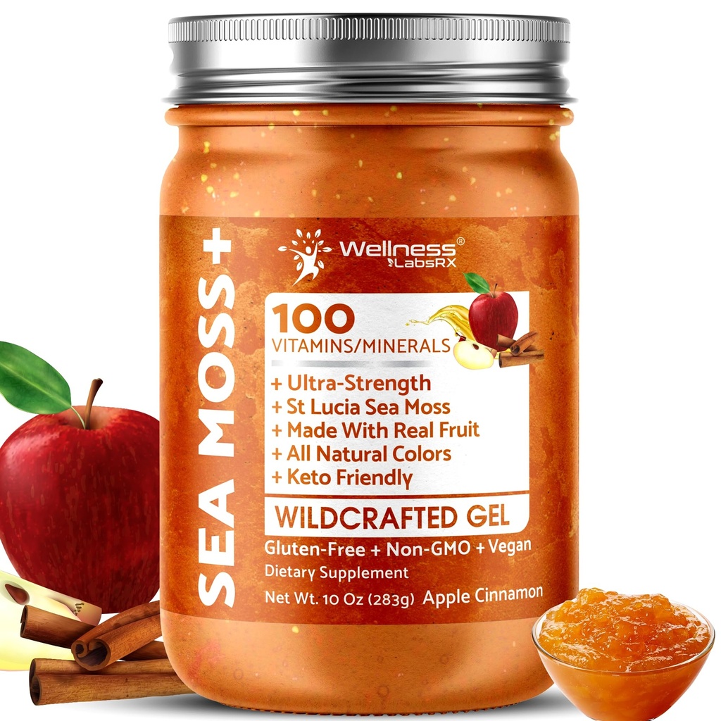 Irish Sea Moss Gel Raw - Wildcrafted Superfood Seamoss Gel - Apple Cinnamon Flavor, Vitamin and Mineral-Rich from Pristine Caribbean Waters, Immune and Digestive Health Support - 10 oz