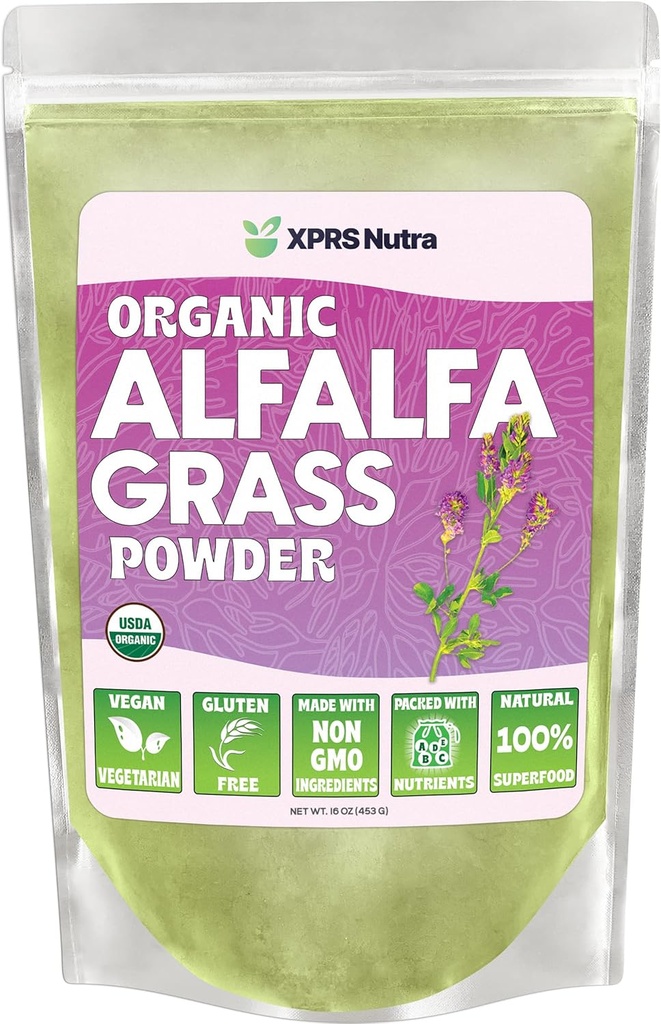 XPRS Nutra poudre d'alfalfa biologique - supplément végétalien premium riche en calcium, antioxydants, vitamines - supplément fermier pour les enfants et les adultes - Vegan Friendly Alfalfa Leaf (16 once)