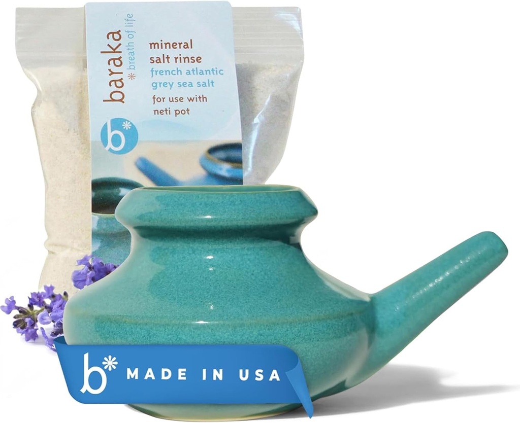 Baraka Neti Pot Tool Kit - Solution de ronflement et saline, Lave-vaisselle en céramique artisanale Coffre-fort avec sel de mer minérale 2oz pour nettoyage du nez et rinçage du sinus parfait pour le soulagement de l'allergie chez les adultes et les enfants (Jade)