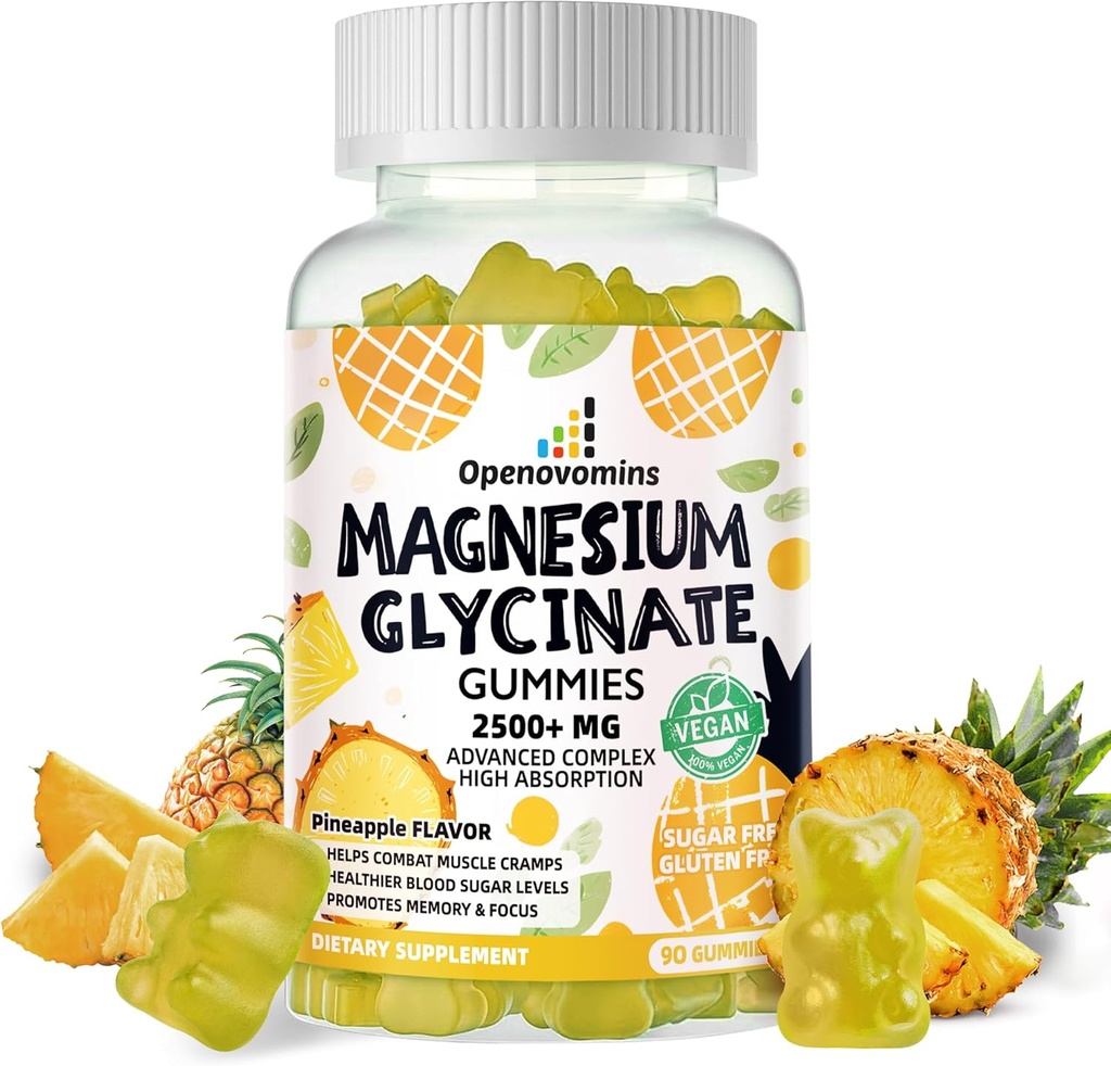 Magnesium Glycinate Gummies 2500mg - Sugar Free Magnesium Potassium Supplement with Vitamin D, B6, CoQ10 for Calm Mood & Sleep Support - 90 Pineapple Gummies