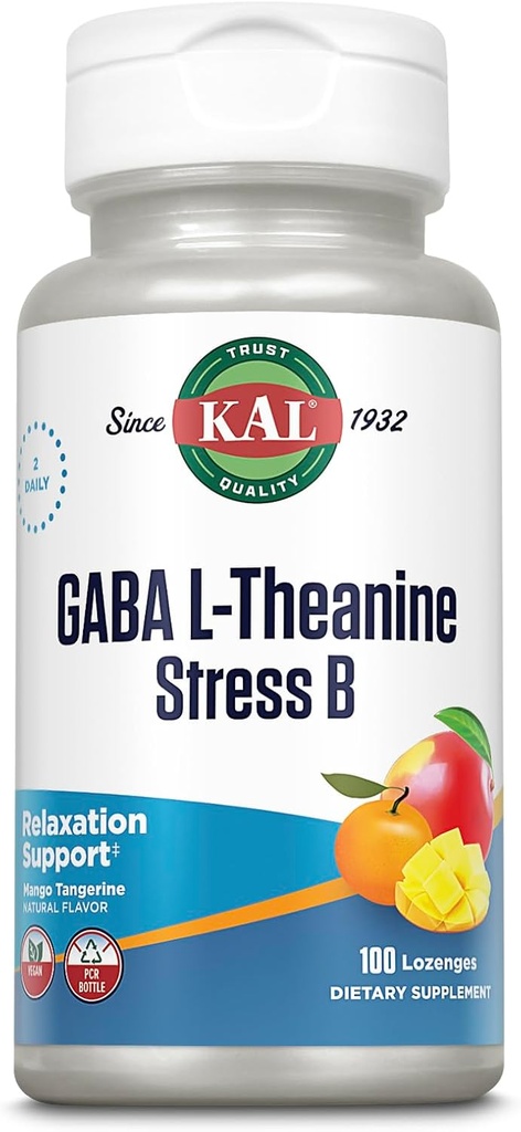 KAL GABA L-Theanine Stress B Lozenge, B supplément de vitamine complexe, relaxation saine, mood & Focus Support, Mango Tangerine Flavor, Vegan, 50 portions, 100 Lozenges