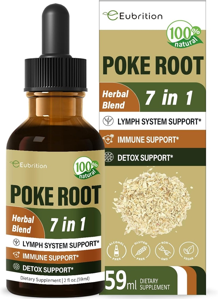 Des gouttes de racine de poke pour le support du système lymphatique, supplément de drainage lymphatique pour le lymphœdème, 7 en 1 formule avec extrait de seaux d'or pour le support immunitaire, Dandelion pour la désintoxication et le nettoyage. 2 oz