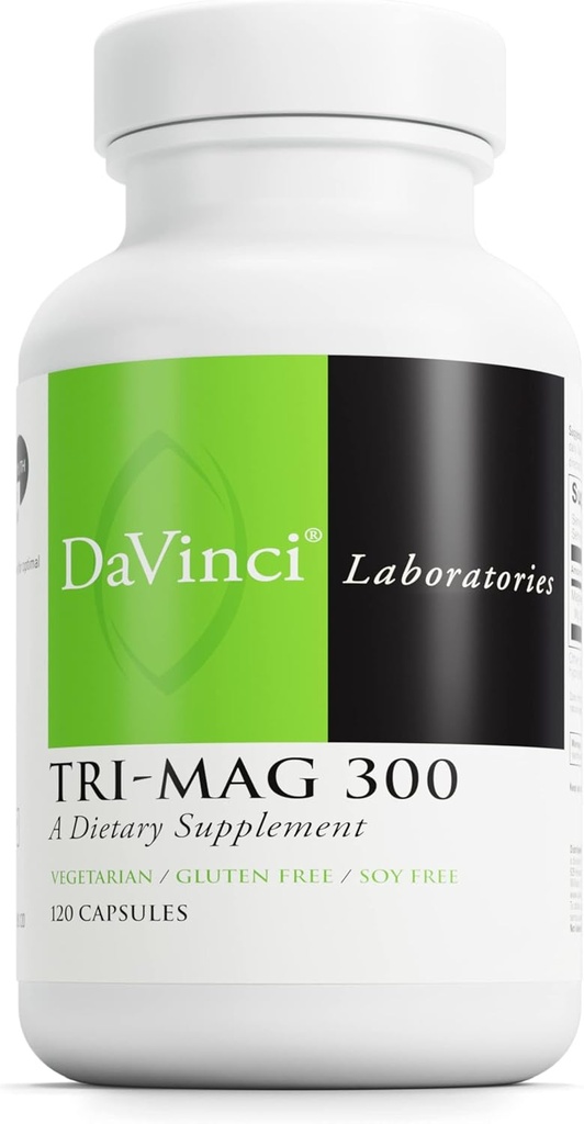 DAVINCI Tri-Mag 300 - Complexe Triple avec Magnésium Glycinate, Taurinate et Malate - Supplément de Magnésium Calme pour le Sommeil - Formule de support Nerve - 120 Capsules (30 portions)