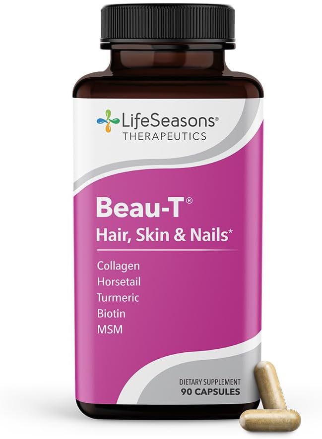 LifeSeasons Beau-T - Supplément cheveux, ongles et soins de la peau - Promotion de la croissance des cheveux et ongles sains - Soutien de la peau claire et luttes Acné - Resserrement des ongles - Contient Biotine Collagen Turmeric - 90 Capsules