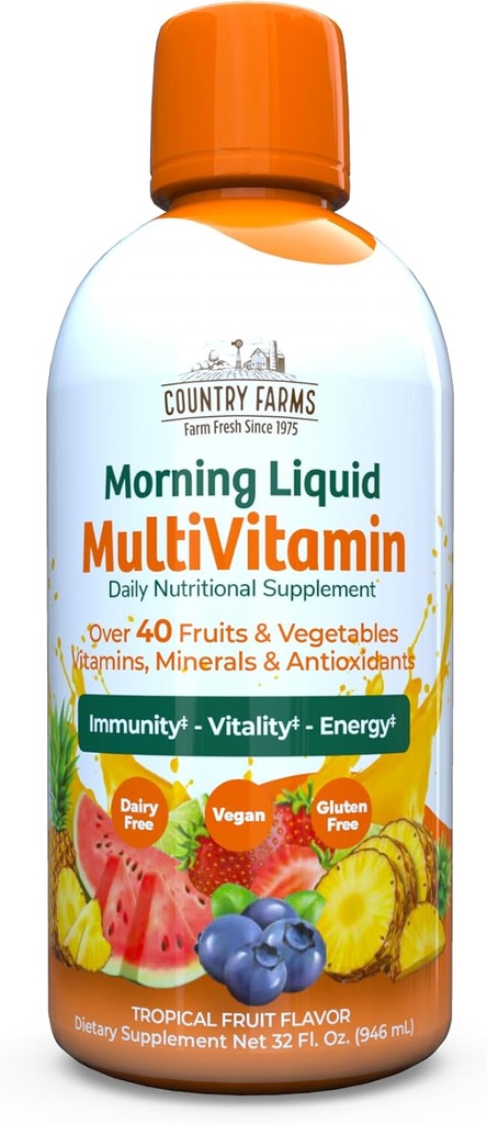 Fermes de campagne Multivitamine liquide, vitamines et minéraux pour le soutien immunitaire et l'énergie, mélange à base de plantes, végétalien, multivitamine pour les femmes et les hommes, sans gluten, saveur de fruits tropicaux, 32 fl oz