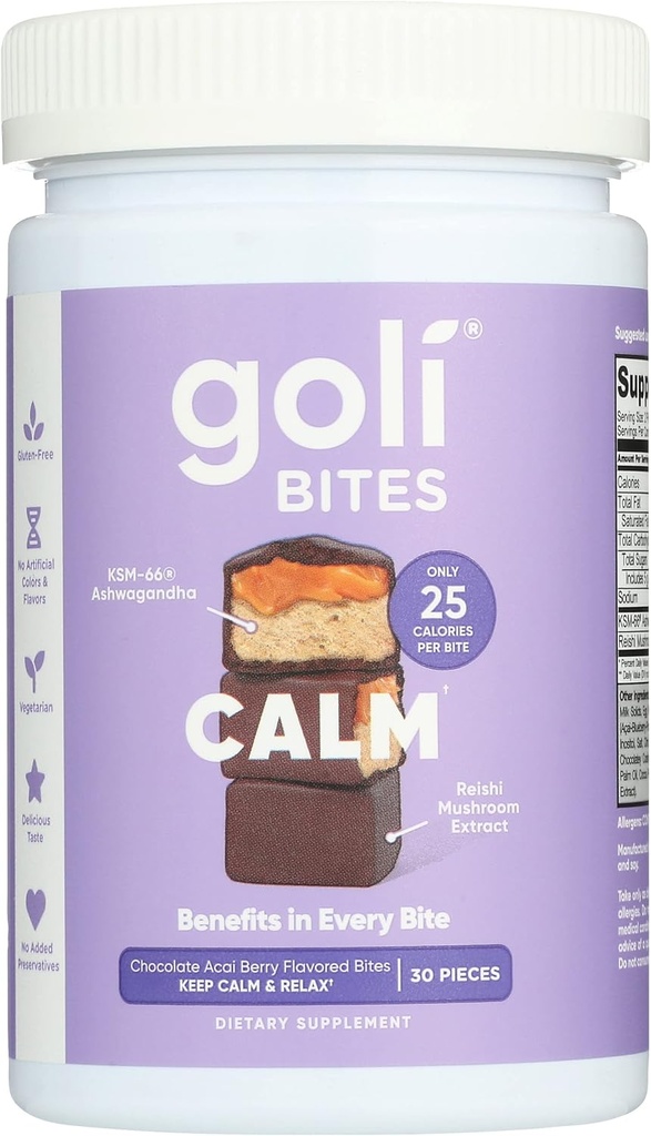 Goli Nutrition Calme Ashwagandha Bites Chocolat açai Berry Flavor, caféiné, végétarien, sans gluten et sans conservateurs ajoutés, 30 pièces (paquet de 1)