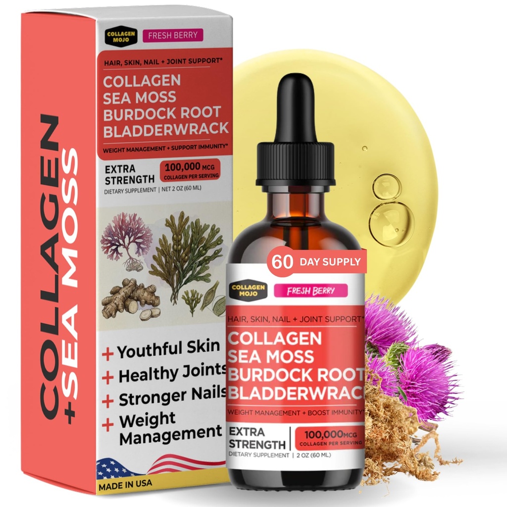 Collagen Mojo - Collagène liquide pour les femmes et les hommes, Collagen Peptides avec la mousse de mer, la racine de Burdock & Bladderwrack - Cheveux, peau, ongles, soutien articulaire, gestion du poids, absorption élevée - 100 000mcg, 2 Oz
