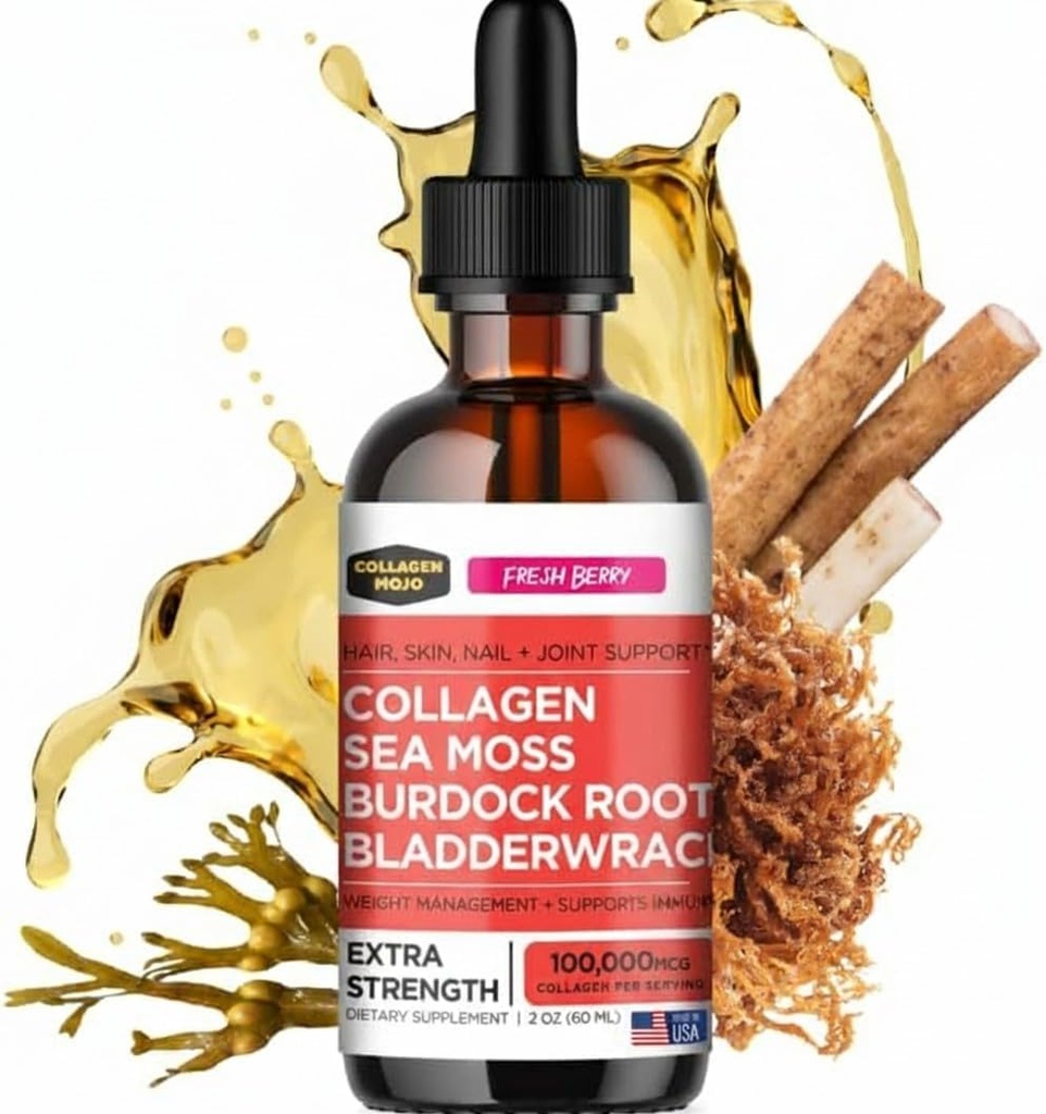 Collagen Mojo - Collagène liquide pour les femmes et les hommes, Collagen Peptides avec la mousse de mer, la racine de Burdock & Bladderwrack - Cheveux, peau, ongles, soutien articulaire, gestion du poids, absorption élevée - 100 000mcg, 2 Oz