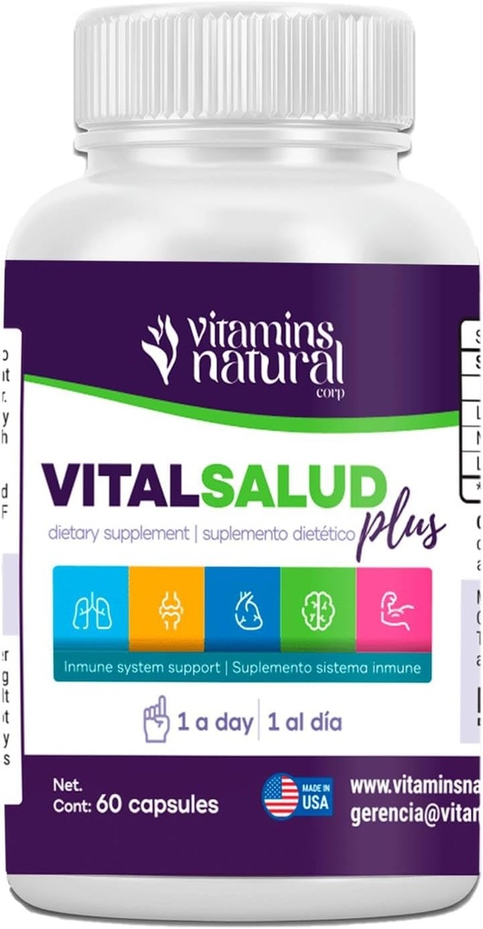 VITAMINS NATURAL CORP-Vital Salud Plus-Organic Immune System Support Complement avec Nopal Cactus, L-Carnitine Base-Supporte la santé osseuse, réduit les veines varices, améliorer l'apparence de la peau (60 capsules)