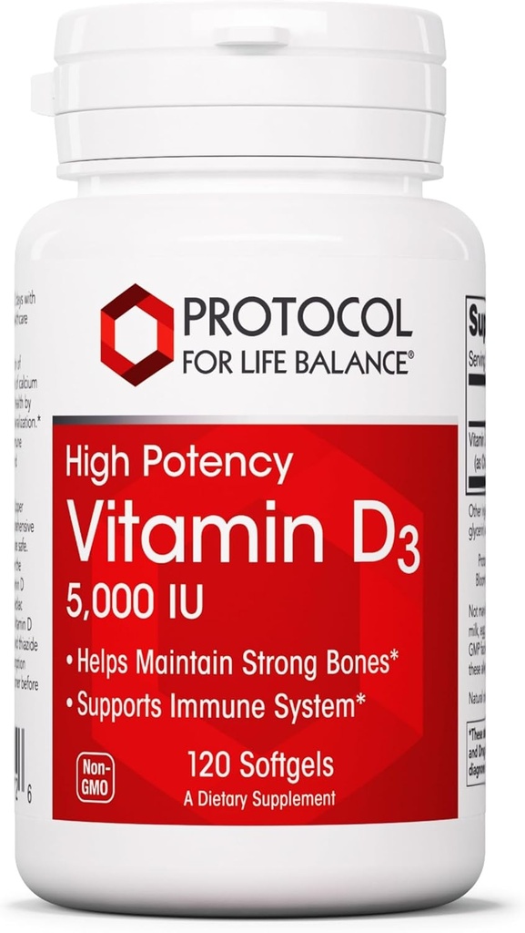 PROTOCOL FOR LIFE BALANCE - Vitamin D3 5000 IU (High Potency) Supports Calcium Absorption, Bone and Dental Health, Immune System Function, Nervous System, and Cognitive Function - 120 Softgels