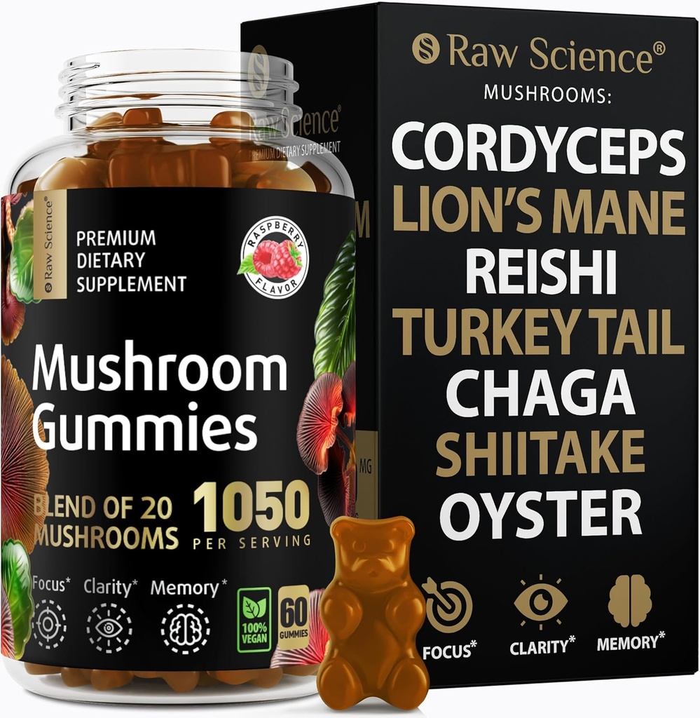 Gommies complexes de champignons avec la Manille des Lions, Suppléments Cerveau Nootropique pour la Mémoire et la Focus: La Manille des Lions, Cordyceps, Shiitake, Turkey Tail, Reishi, Chaga, Enoki, Supplément de champignons Oyster - 60 unités