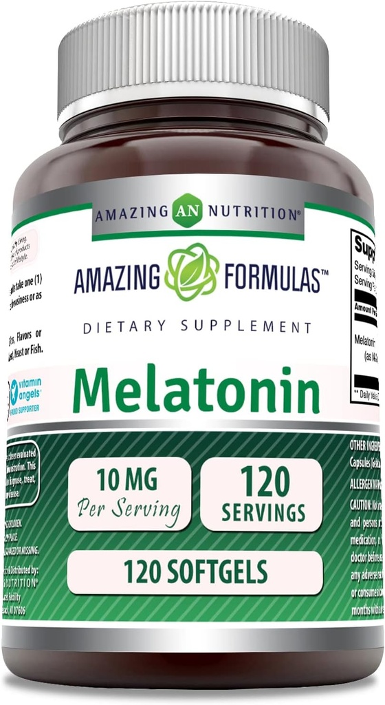 Amazing Nutrition Melatonin 10mg Supplément de softgels (non-OGM) Sans gluten (120 Nombre)