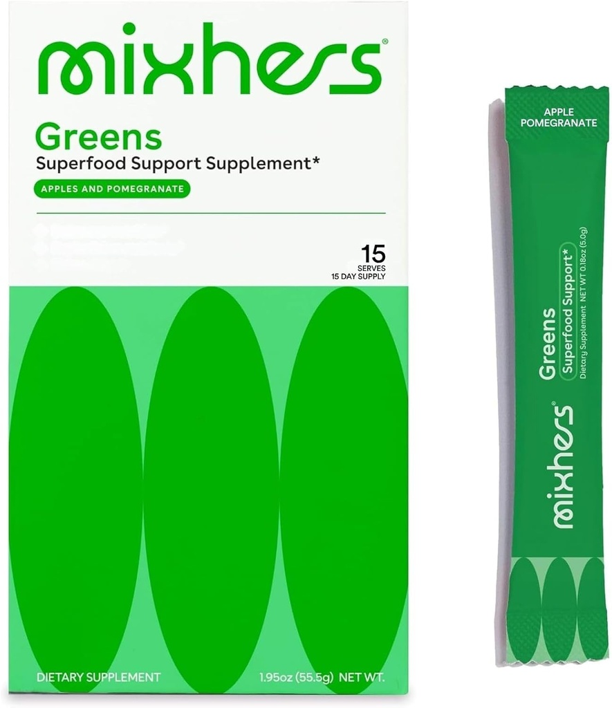 MIXHERS Hergreens - Greens & Veggie Powder - Fabriqué à partir d'aliments entiers - avec enzymes digestives et Kale - Nutrition conçue pour les femmes - Soutien coeur et foie - 15 paquets de boissons - Pommes et grenade
