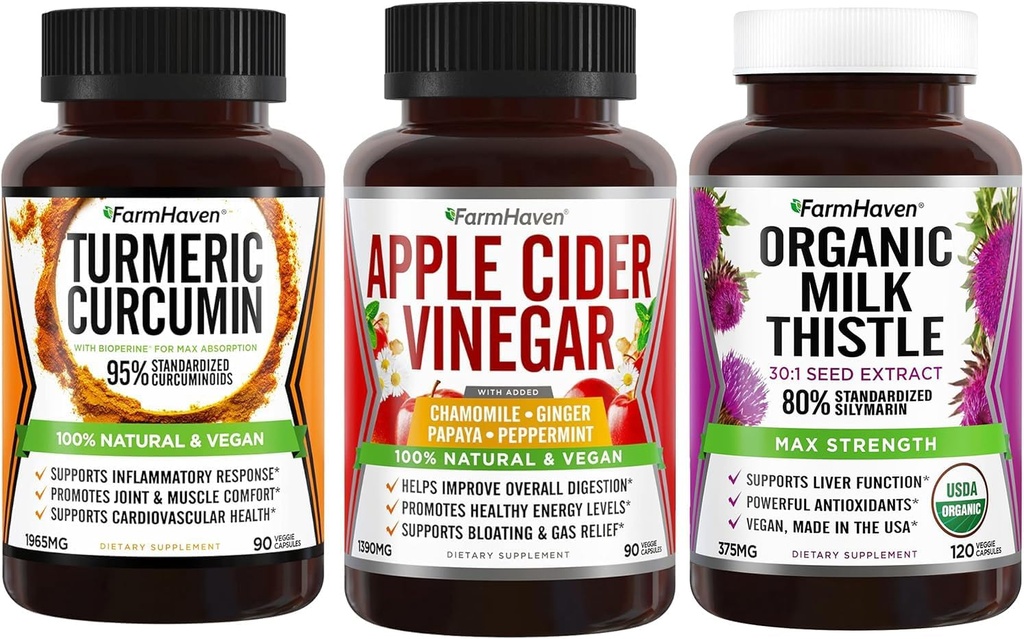 FarmHaven Curcumine curcuma avec poivre noir et vinaigre de cidre de pomme avec gingembre et chardon de lait