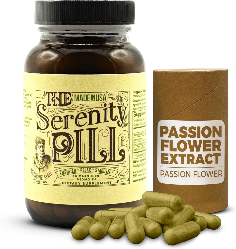 La pilule 60 de Serenity - Pilules d'humeur biologique et supplément anti-stress avec extrait de racine Ashwagandha, extrait de fleur de passion, extrait de noix de muscade et de thé vert - supplément de fleur de passion naturelle pour le stress
