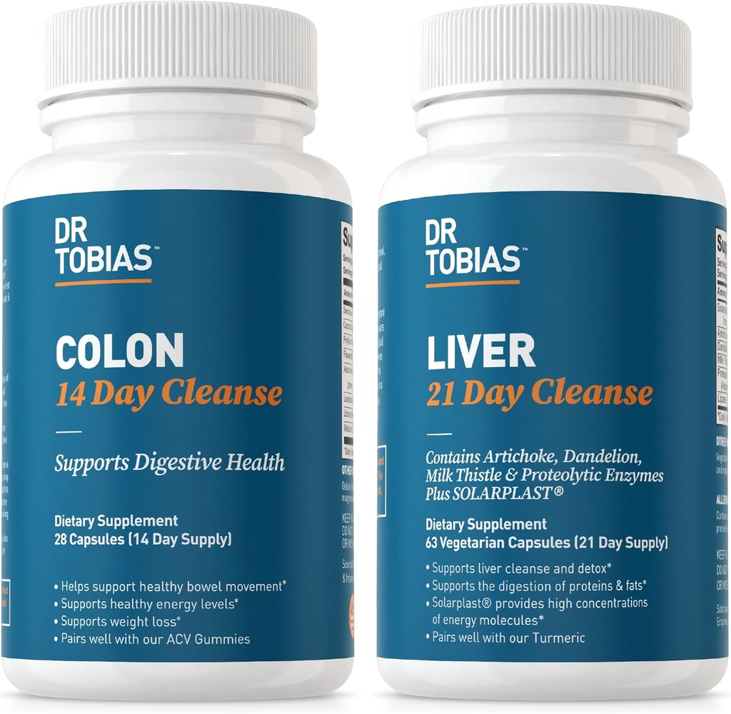 Dr Tobias Colon 14 Day Cleanse & Liver 21 Day Cleanse Suppléments, avec fibre, herbes et probiotiques, Solarplast, Artichaut, Thistle de lait, soutient la santé du foie et du gant.
