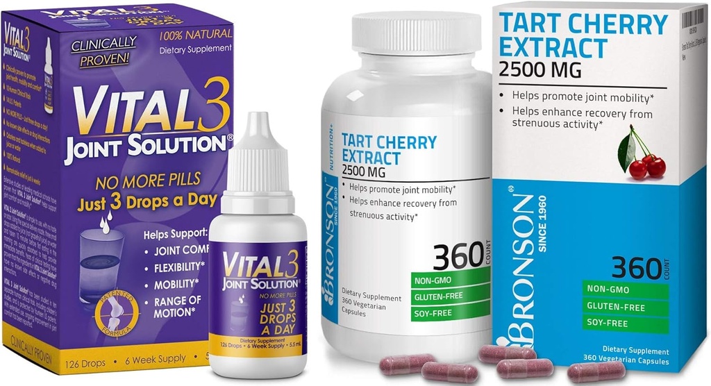 Vital 3 Joint Solution® Prouvé cliniquement supplément de soulagement du genou liquide + Bronson Tart Extrait de cerise 2500 mg Capsules végétariennes