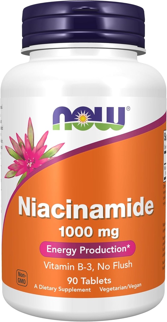 MAINTENANT compléments alimentaires, niacinamide (vitamine B-3) 1000 mg, production d'énergie*, 90 comprimés, blanc, blanc cassé