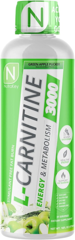 NutraKey L-Carnitine 3000mg, pas de sucre, sans gluten, tourner en carburant, (Pomme verte) 31 portions