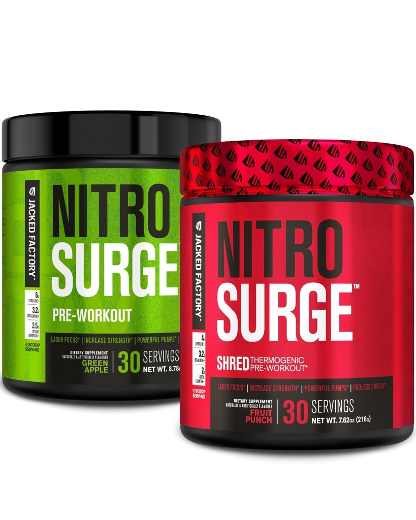 Nitrosurge d'usine Jacked Pré-entraînement en pomme verte et punch de fruits Nitrosurge Pré-entraînement thermogénique Shred pour les hommes et les femmes