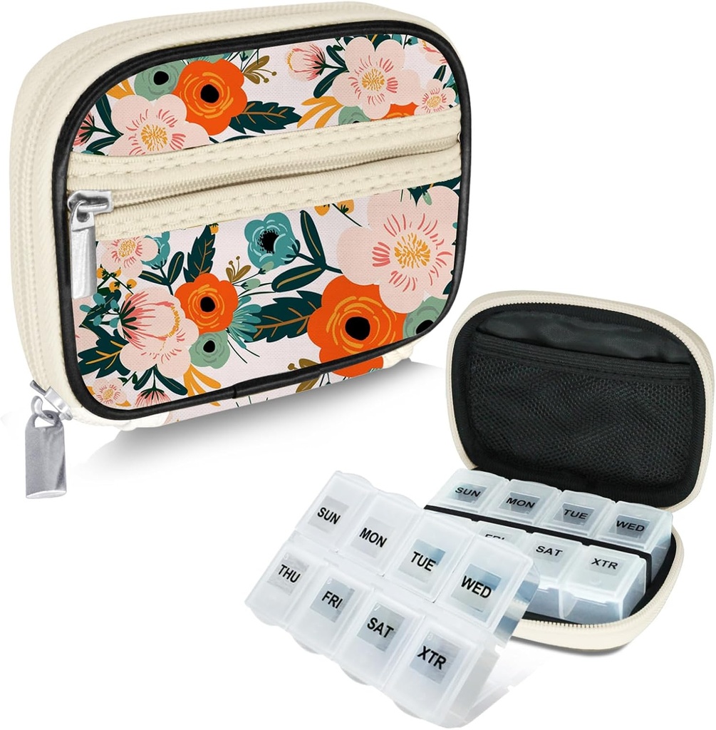 Serfeymi hebdomadaire Pill Organizer Pill Case for Purse with Amovible 7 Day Pill Box, Modeable Travel Medicine Organizer Pill Container for Medicine, Vitamine, Supplément - Bloom 01 + Pill Box