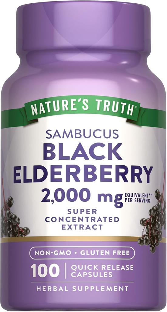 Nature's Truth Black Elderberry Capsules | 100 Count | Super Concentrated Sambucus Extract | Non-GMO and Gluten Free Supplement