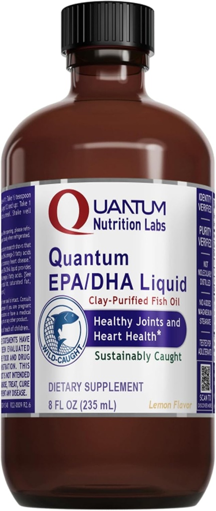 Quantum Nutrition Labs EPA/DHA liquide - Omega 3 Huile de poisson liquide, Omega 3 Huile de poisson liquide supplément pour adultes, articulations, coeur et soutien de santé du cerveau - 8 Fl Oz bouteille