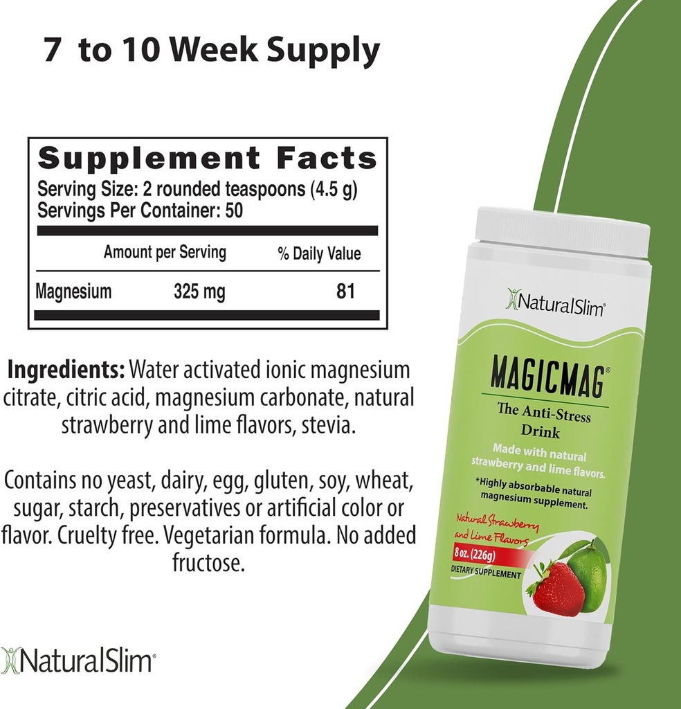 NaturalSlim Magicmag Pure Magnesium Citrate Powder – Stress, Constipation, Muscle, and Heart Support | Natural Strawberry & Lime Flavored Magnesium Supplement - 8oz Drink Mix (2 Pack)