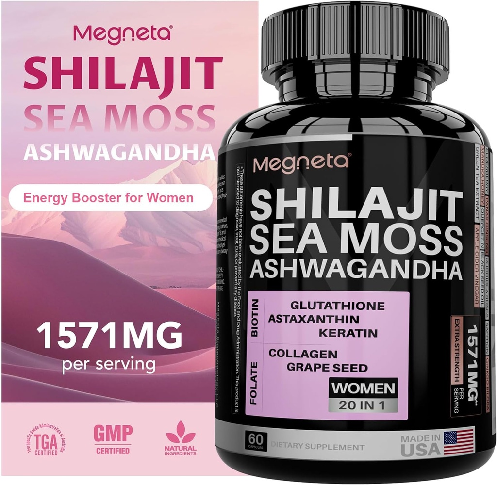 All-in-One Sea Moss, Shilajit, Ashwagandha & supplément de glutathion pour les femmes, stimule l'énergie, 60 capsules