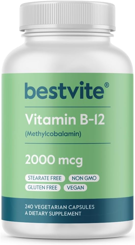 BESTVITE Vitamine B12 (méthylcobalamine) 2000mcg (240 Capsules végétariennes) (méthyl B12) - Pas de stéarates - Vegan - Non OGM - Sans gluten