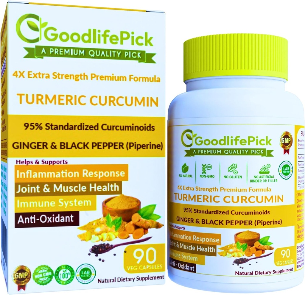 Capsules Curcumine Turcuma Extra Strength avec Ginger & 95% Curcuminoids & Black Pepper Extract pour des avantages maximums. Toutes les poudres naturelles de riz Non OGM NON Stéarate NON Silica- 90 Vég.