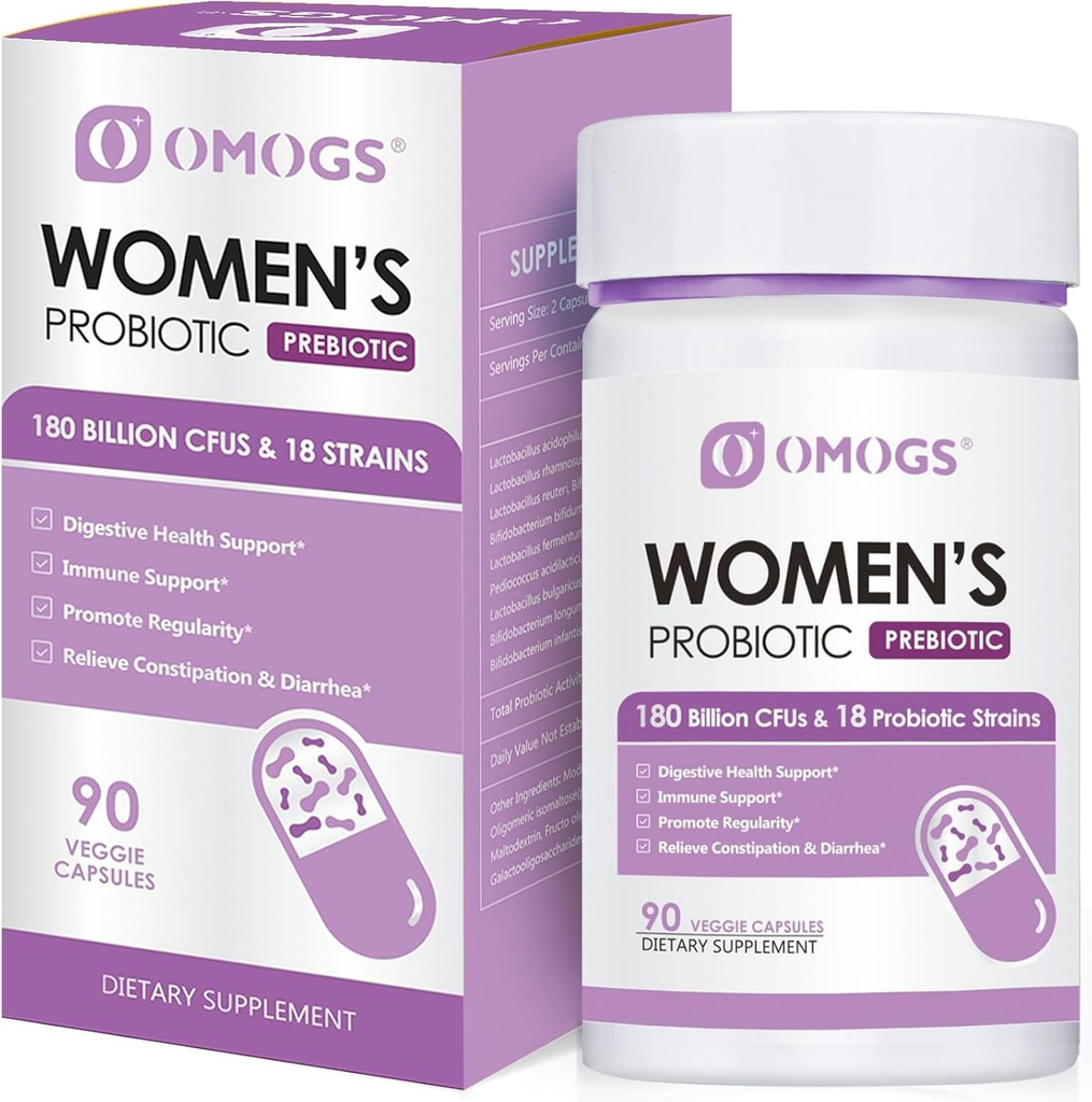 OMOGS Probiotique pour femmes 180 milliards d'UFC 18 souches, avec prébiotiques organiques, extrait de canneberge, D-mannose et enzymes digestives, pour le digestif, boost immune, PH équilibre et santé urétrale, 90 capsules