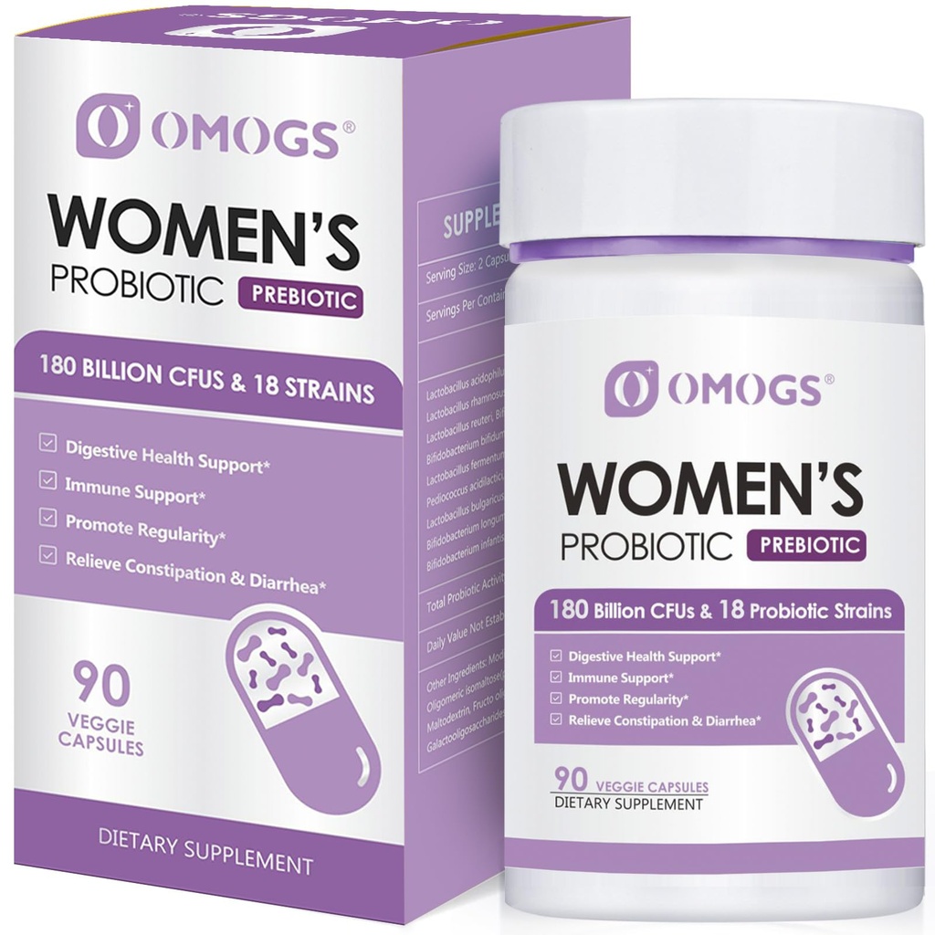 OMOGS Probiotique pour femmes 180 milliards d'UFC 18 souches, avec prébiotiques organiques, extrait de canneberge, D-mannose et enzymes digestives, pour le digestif, boost immune, PH équilibre et santé urétrale, 90 capsules