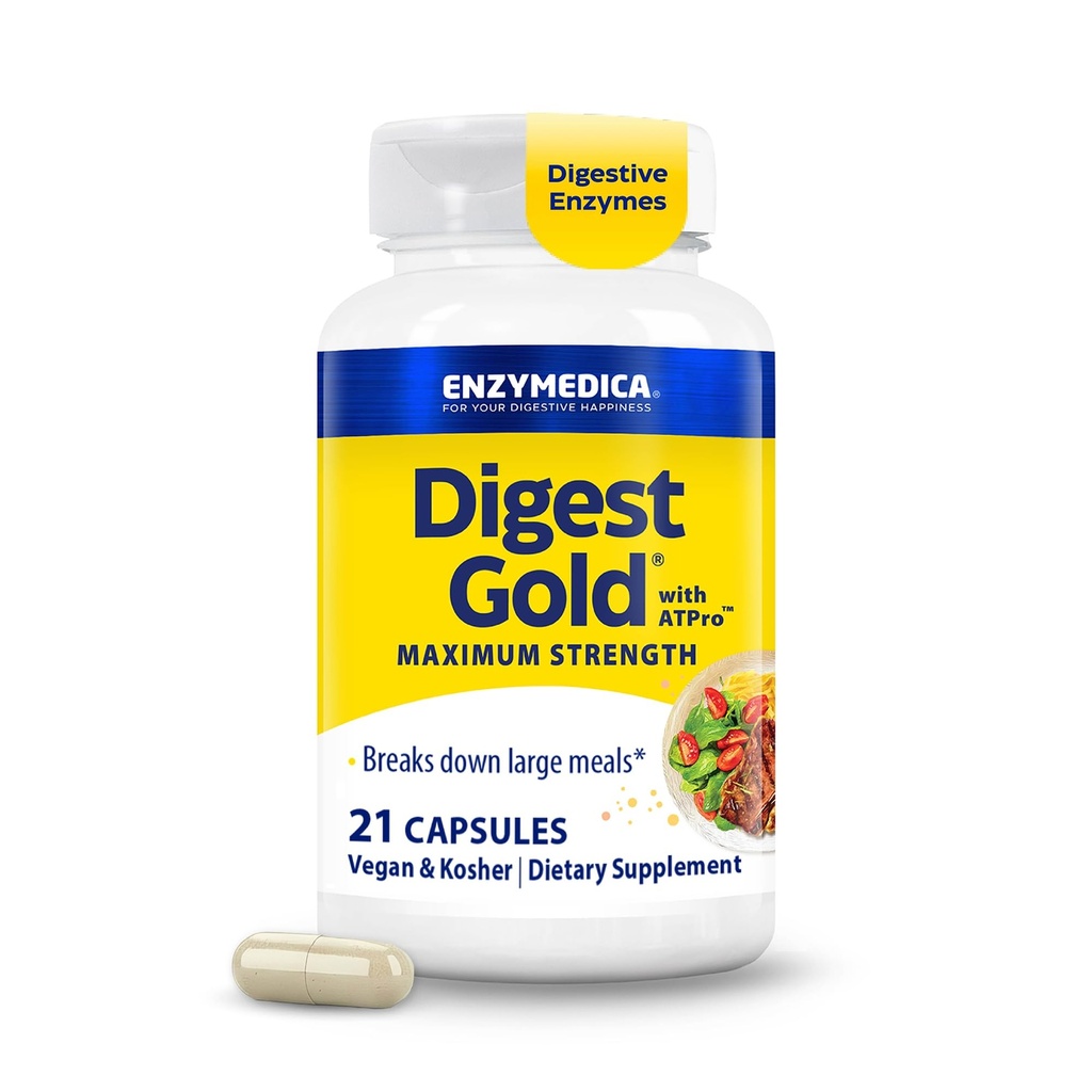 Enzymedica Digest Gold + ATPro, formule d'enzyme de résistance maximale, prévient le gonflement et le gaz, 14 enzymes clés incluant Amylase, Protease, Lipase et Lactase, 21 Capsules (FFP)
