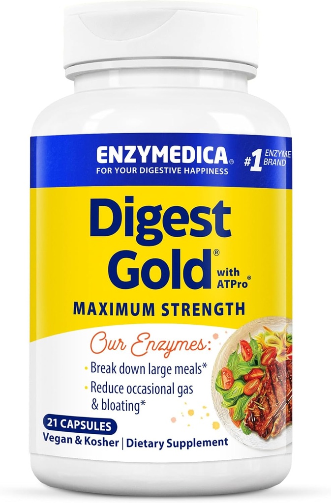 Enzymedica Digest Gold + ATPro, formule d'enzyme de résistance maximale, prévient le gonflement et le gaz, 14 enzymes clés incluant Amylase, Protease, Lipase et Lactase, 21 Capsules (FFP)