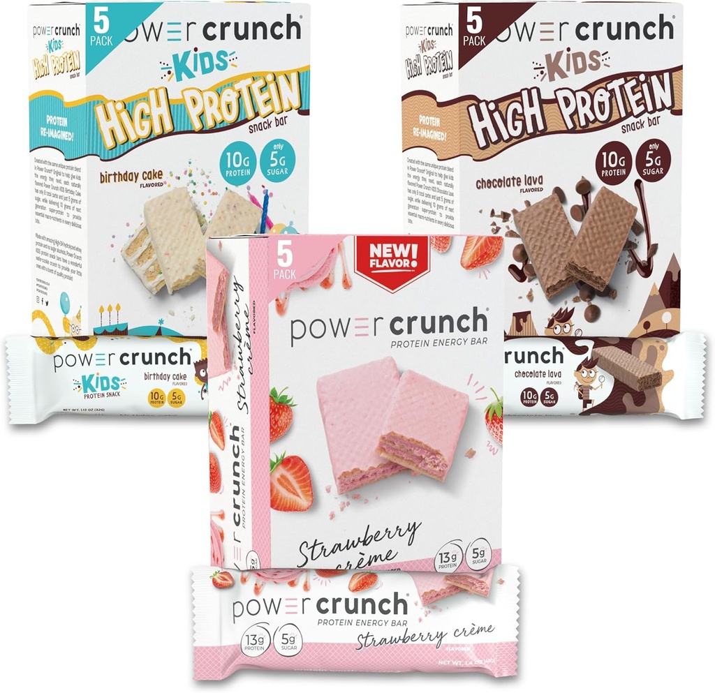 Barres de farine de protéines et barres de protéines KIDS Power Crunch, pack de variétés, (15 Nombre) Snacks à haute teneur en protéines au goût délicieux