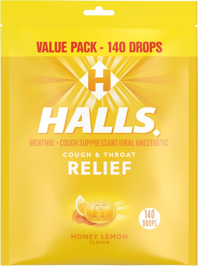 Halls Relief Honey Lemon Cough Drops, Value Pack, 140 gouttes