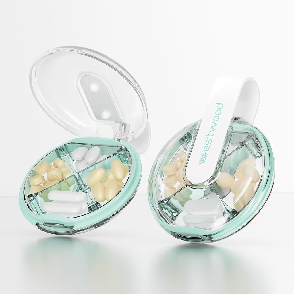 Petit étui à pilules, boîte à pilules mignonnes pour la purse et la poche, 4 compartiments Support de pilule amovible, organisateur portable de pilules de voyage pour les vitamines, suppléments, huiles de poisson (vert)