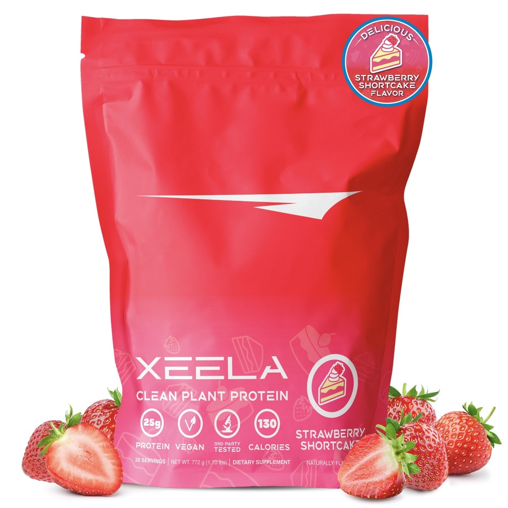 XEELA en poudre de protéines végétales à base végétale - Testé indépendamment - 25g de protéines élevées, de protéines de pois pour les hommes et les femmes - Vitamines et minéraux, non OGM, sans produits laitiers et sans gluten, faible teneur en glucides et faible teneur en gras (Cake aux mûres)