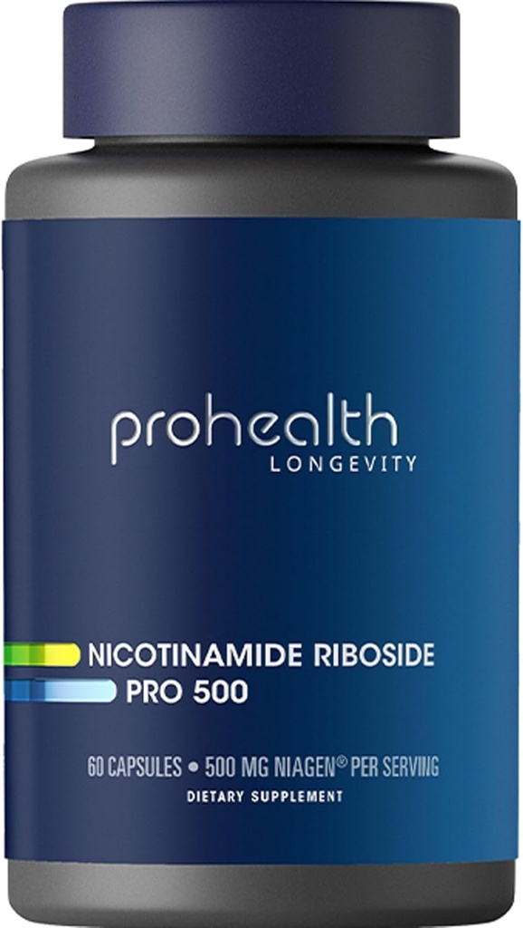 ProHealth Nicotinamide Riboside Pro 500. Breveté NR Niagen 500mg Plus 250mg TMG. Supplément NAD+ stimule NAD+. Supplément NR prouvé en 300 études. 30 Services