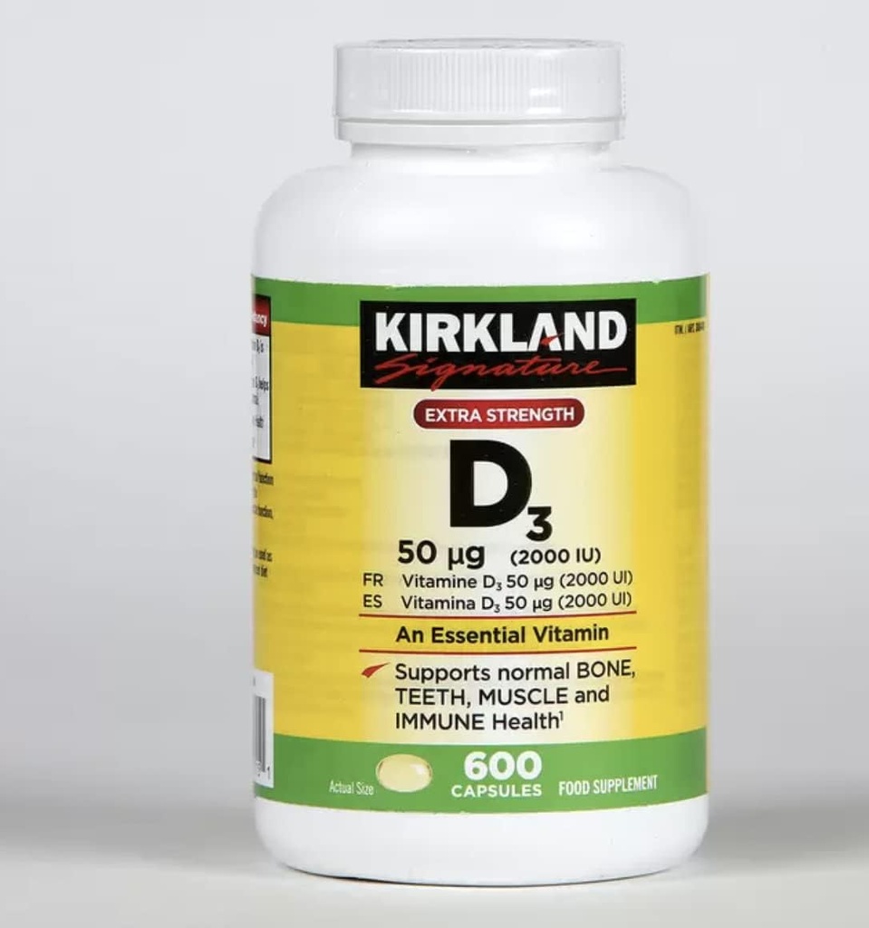 Kirkland Signature Extra Strength Vitamin D3 2000 I.U. 600 Softgels, Bottle