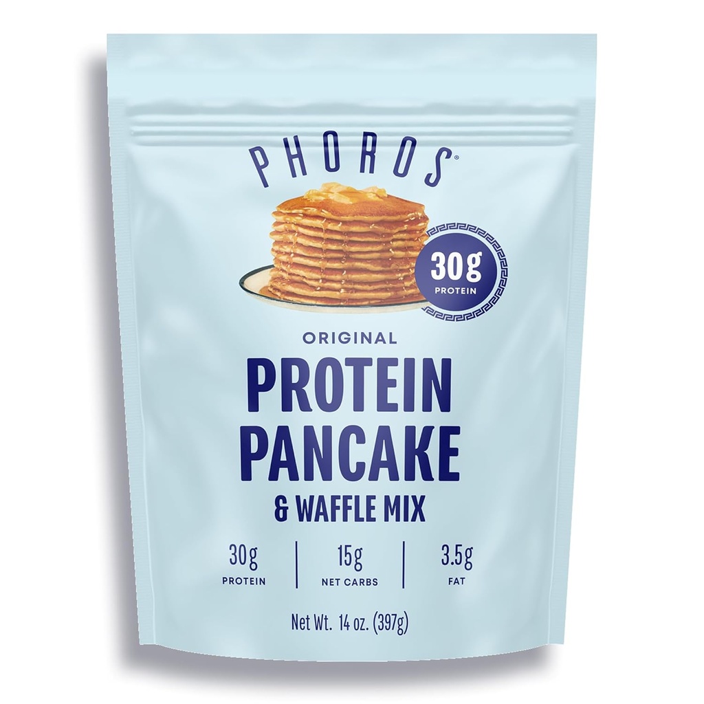 Mélange de pancake protéinique et de gaufre protéinique par Phoros Nutrition, 30g de protéines, faible teneur en glucides, haute teneur en protéines, amincissement kéto, protéine de lactosérum, avoine à grains entiers, pancake de blé entier, juste ajouter de l'eau (original)