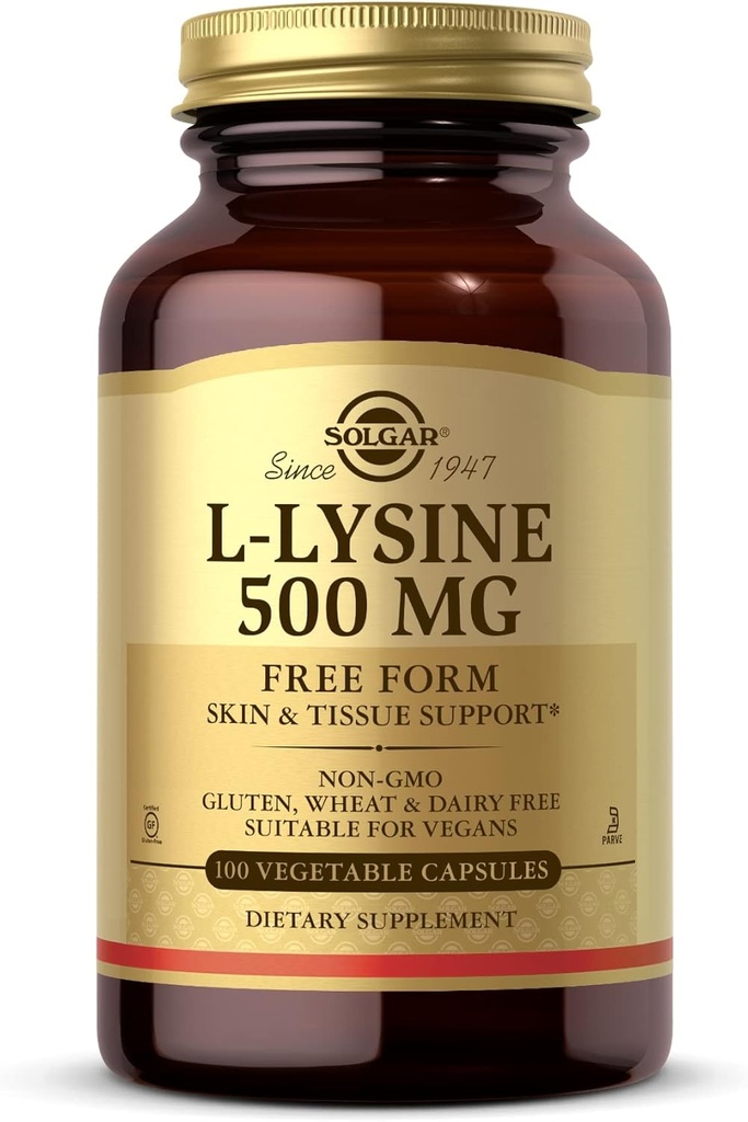 Solgar L-Lysine 500 mg - 100 capsules végétales - Support de la peau et des tissus - Non-OGM, Vegan, Casher, Sans gluten - 100 portions