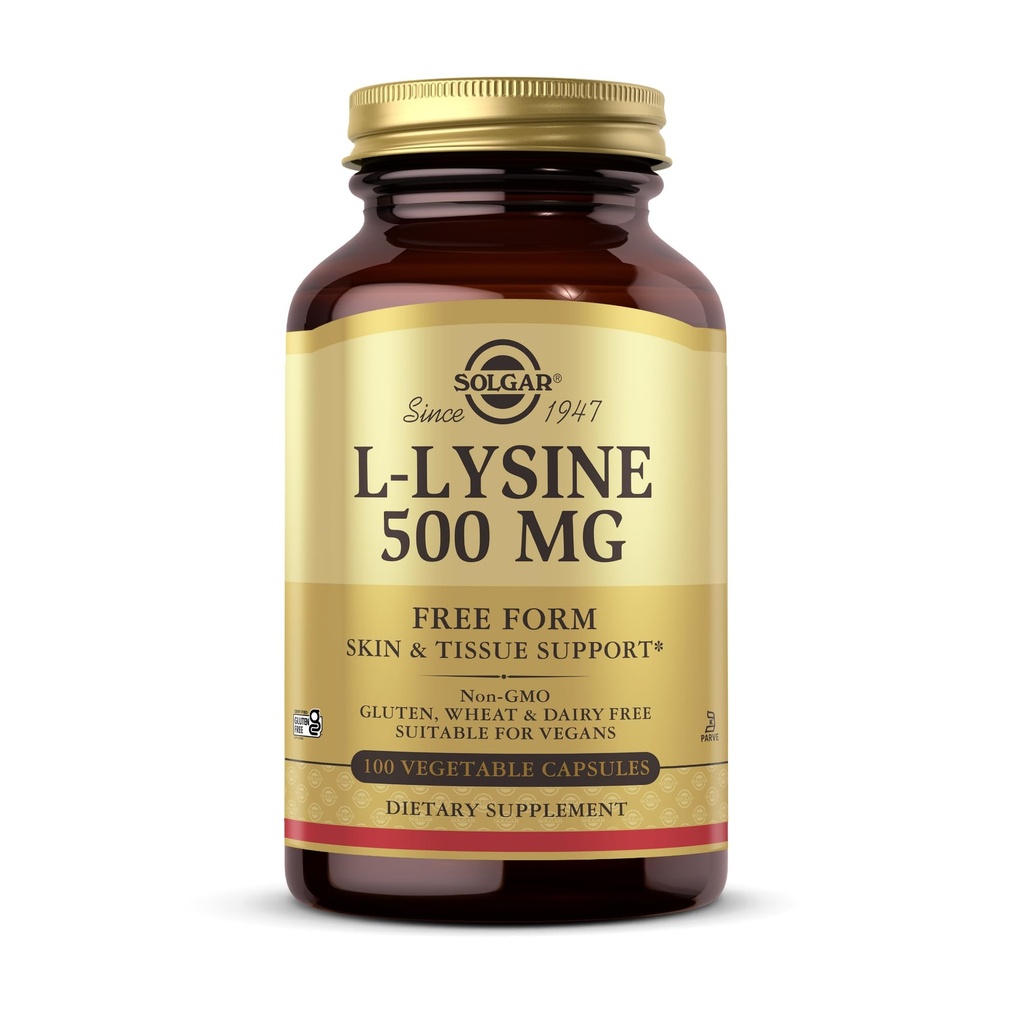 Solgar L-Lysine 500 mg - 100 capsules végétales - Support de la peau et des tissus - Non-OGM, Vegan, Casher, Sans gluten - 100 portions
