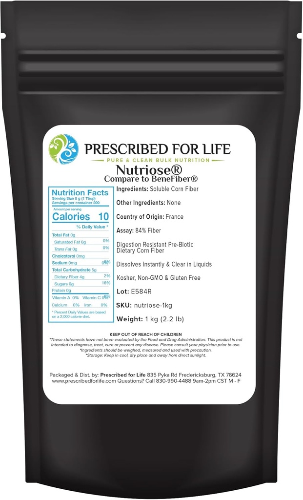 Prescribed For Life Nutriose Powder, Natural Fiber Supplement, Prebiotic Soluble Corn Fiber for Adults, Gluten Free, Vegan, Non GMO (1kg / 2.2lb)