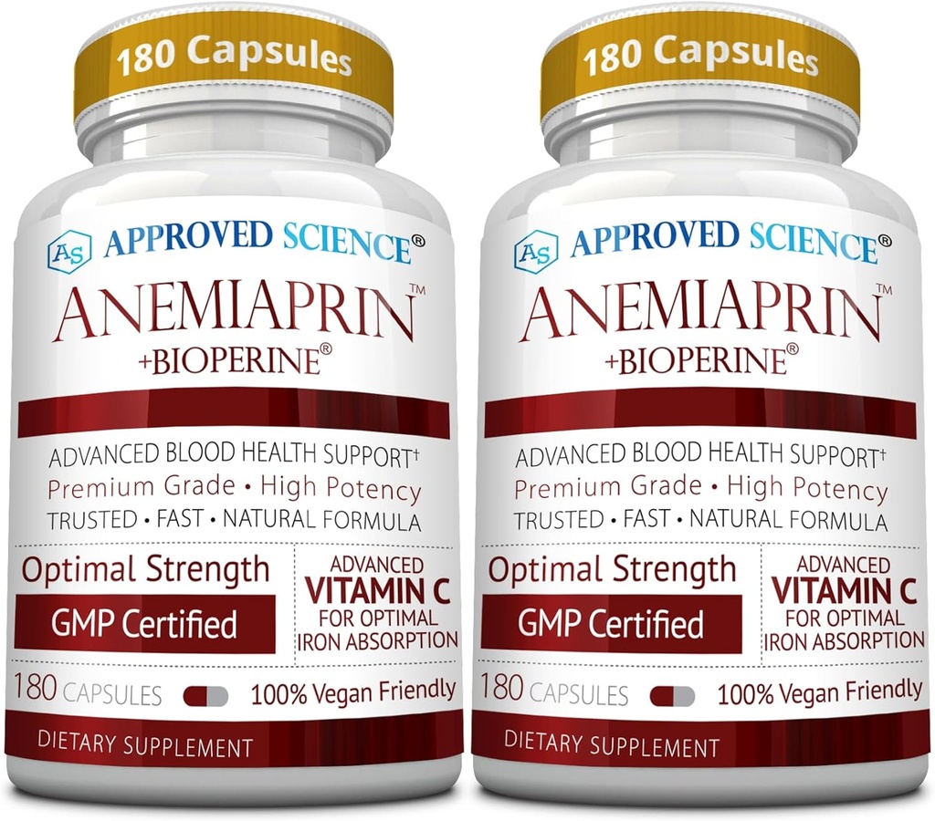 Science approuvée Anemiaprin - Fer absorbant, vitamine C - Doucement sur l'estomac - 380 capsules - 6 mois d'approvisionnement - Non-OGM, végétalien