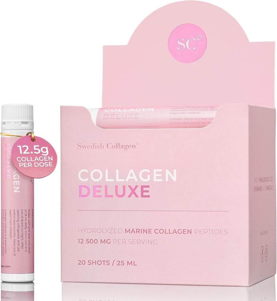 Suédois Collagène Deluxe de 12 500 mg Complément liquide de collagène marin hydrolysé - 20 x 25 ml Tours quotidiens de l'acide hyaluronique, de la biotine et de la vitamine C pour les cheveux, la peau, les ongles et les articulations sains