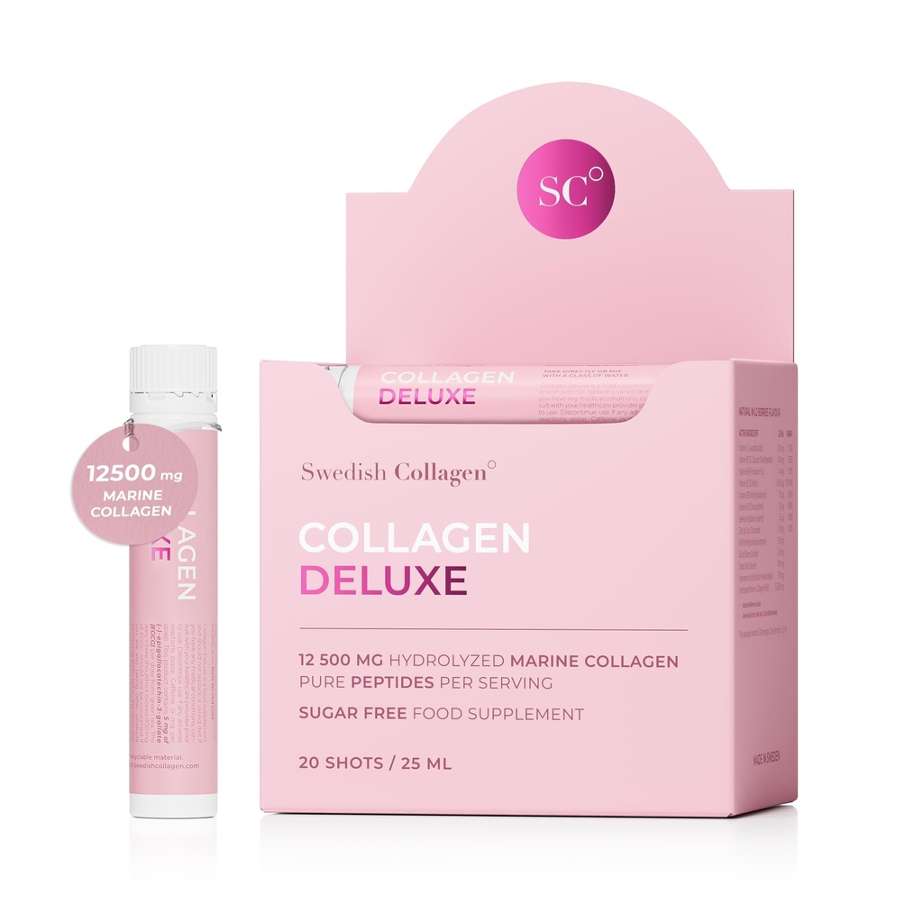 Suédois Collagène Deluxe de 12 500 mg Complément liquide de collagène marin hydrolysé - 20 x 25 ml Tours quotidiens de l'acide hyaluronique, de la biotine et de la vitamine C pour les cheveux, la peau, les ongles et les articulations sains