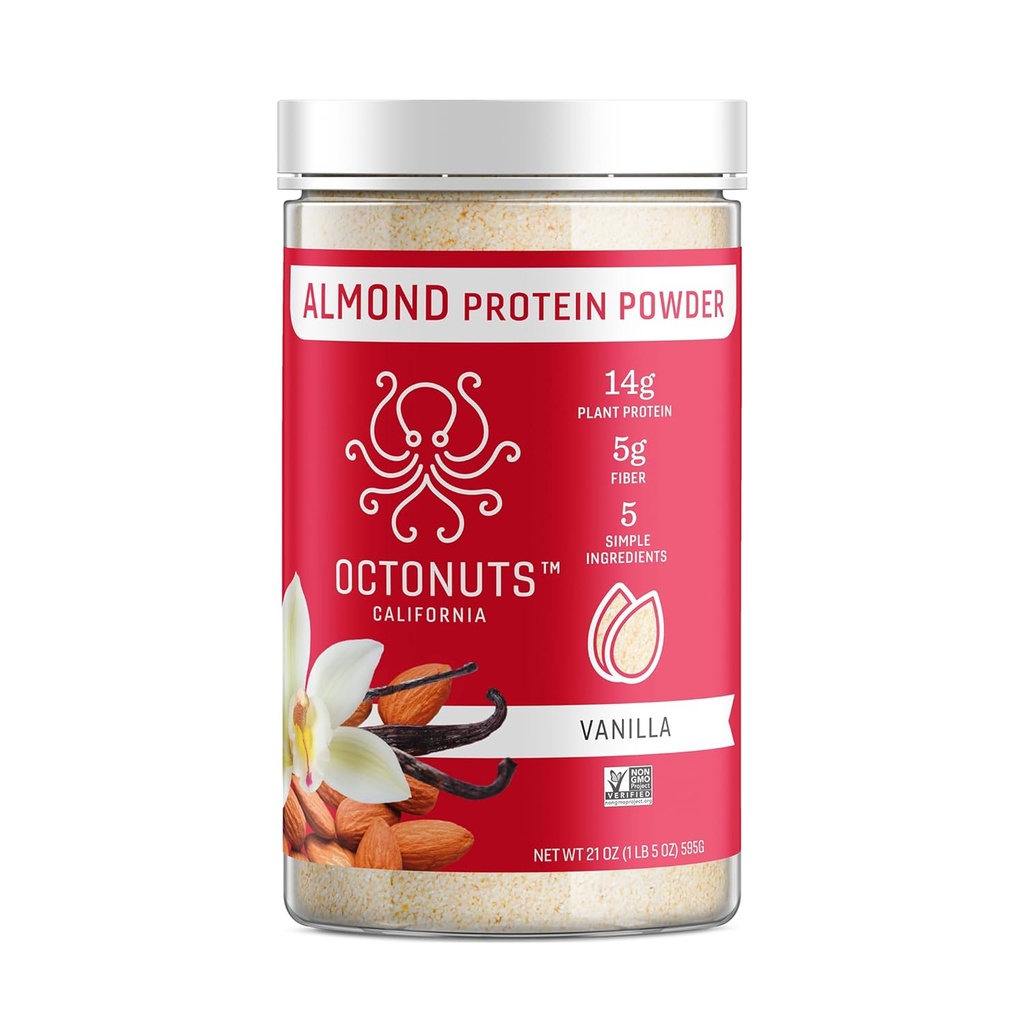Octonuts Vanilla poudre de protéines d'amande 21 oz – Protéine végétale à base végétale – mélange propre à faible teneur en glucides avec 14g de protéines, 5g de fibre – Keto, Paléo, sans gluten, sans lait – idéal pour les secousses, les smoothies ou la cuisson