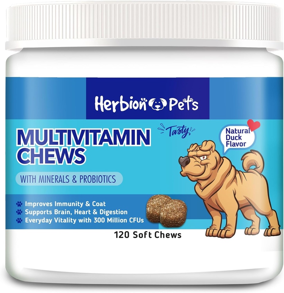 Herbion Animaux de compagnie Multivitamines Mâches avec Minéraux et Probiotiques, Améliore Immunity & Coat, Soutiens Digestion, Cerveau et Santé Cœur, Délicieux Flaveur de Canard Naturel, Suppléments et Vitamines de Chien, Pack de 1